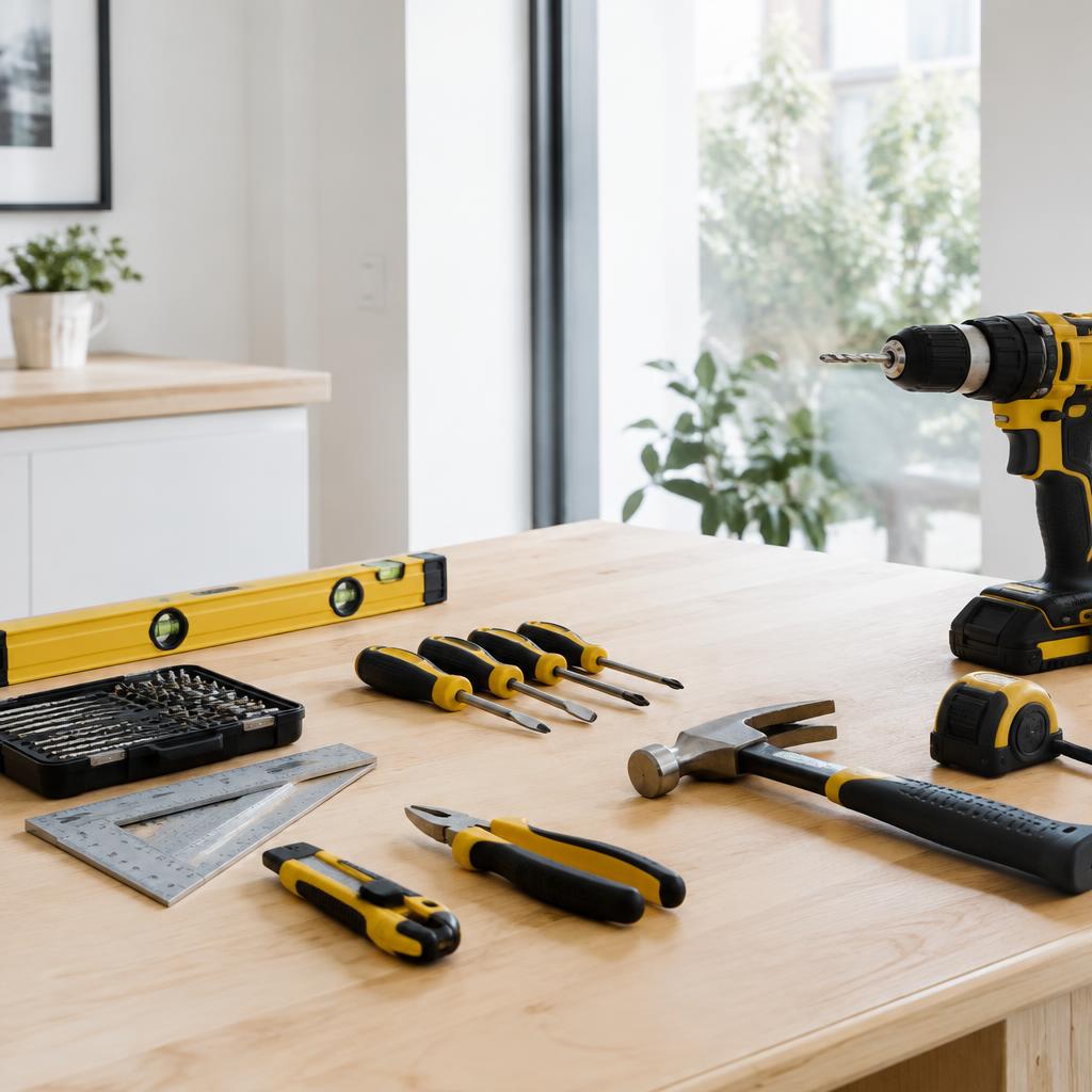 Neatly arranged tradesperson tools on a workbench in a bright home